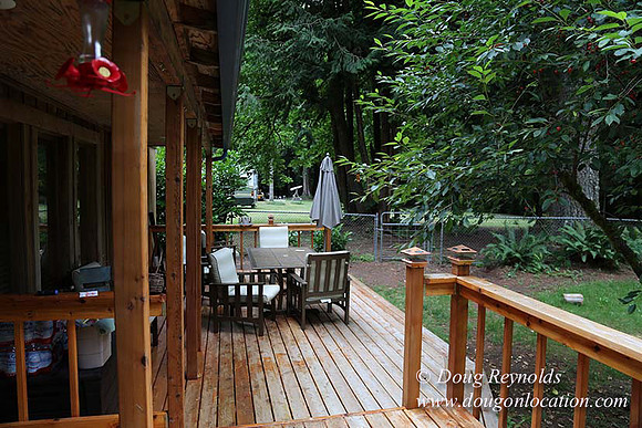 Cabin;  Home;  House; OR, Oregon Yard; deck; green. River,