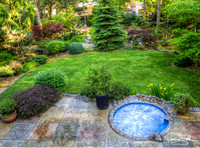 Mid Century Atomic Ranch Back Yard with Hot Tub, Patio, Small stream, and Pond with Deck well Maintained.  House photos on line soon.