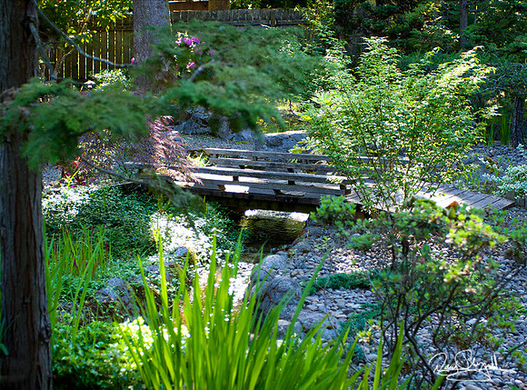 Mid Century Atomic Ranch Back Yard with Hot Tub, Patio, Small stream, and Pond with Deck well Maintained.  House photos on line soon.
