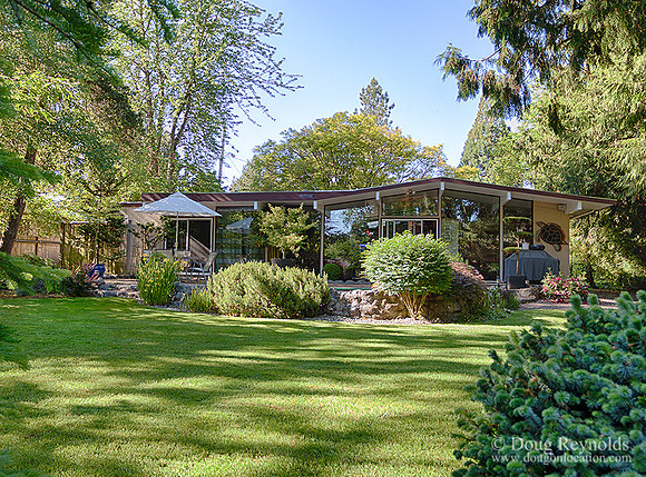 Mid Century Atomic Ranch Back Yard with Hot Tub, Patio, Small stream, and Pond with Deck well Maintained.  House photos on line soon.