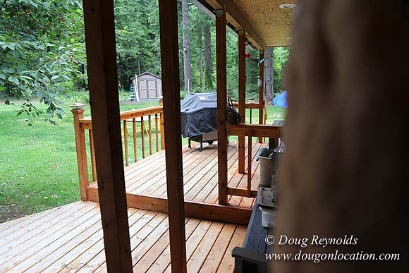 Cabin;  Home;  House; OR, Oregon Yard; deck; green. River,