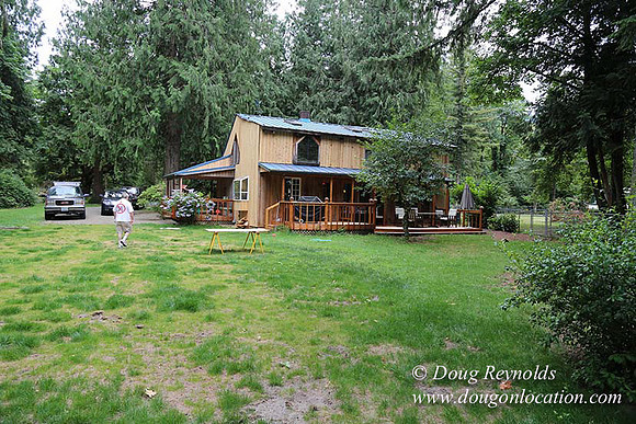 Cabin;  Home;  House; OR, Oregon Yard; deck; green. River,