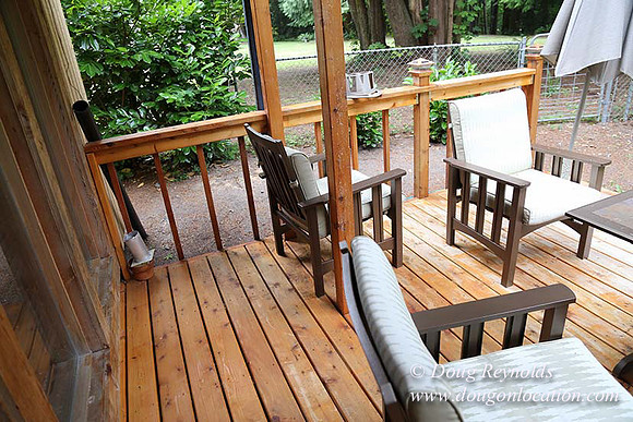 Cabin;  Home;  House; OR, Oregon Yard; deck; green. River,