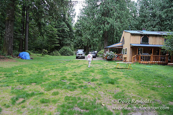 Cabin;  Home;  House; OR, Oregon Yard; deck; green. River,