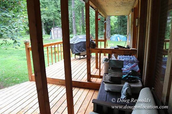 Cabin;  Home;  House; OR, Oregon Yard; deck; green. River,
