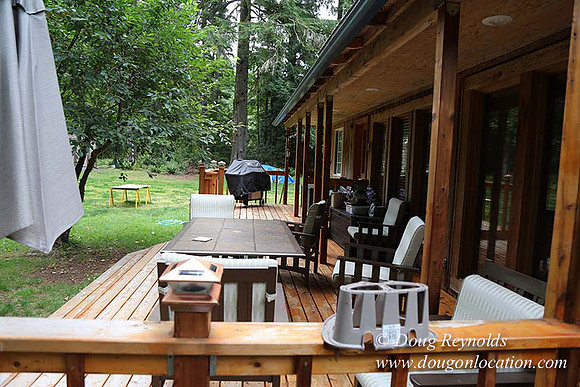 Cabin;  Home;  House; OR, Oregon Yard; deck; green. River,