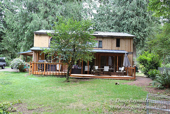 Cabin;  Home;  House; OR, Oregon Yard; deck; green. River,